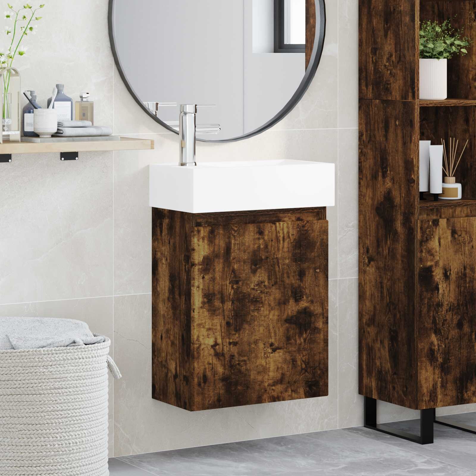 vidaXL Мивка за баня със смесител Опушен дъб 455 x 225 x 84 см