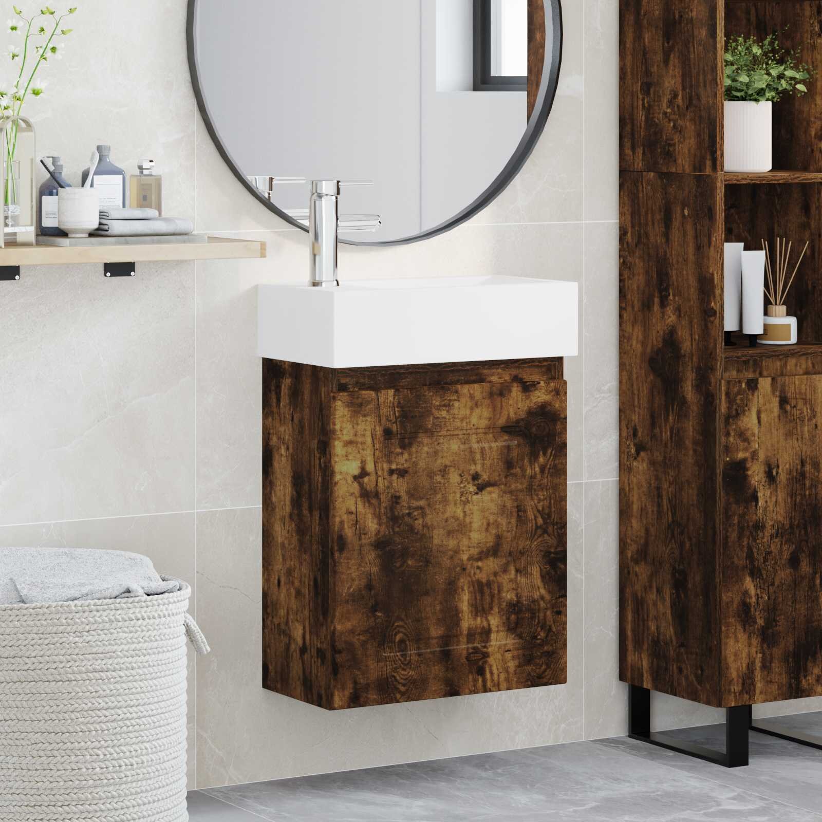 vidaXL Мивка за баня със смесител Опушен дъб 455 x 225 x 84 см