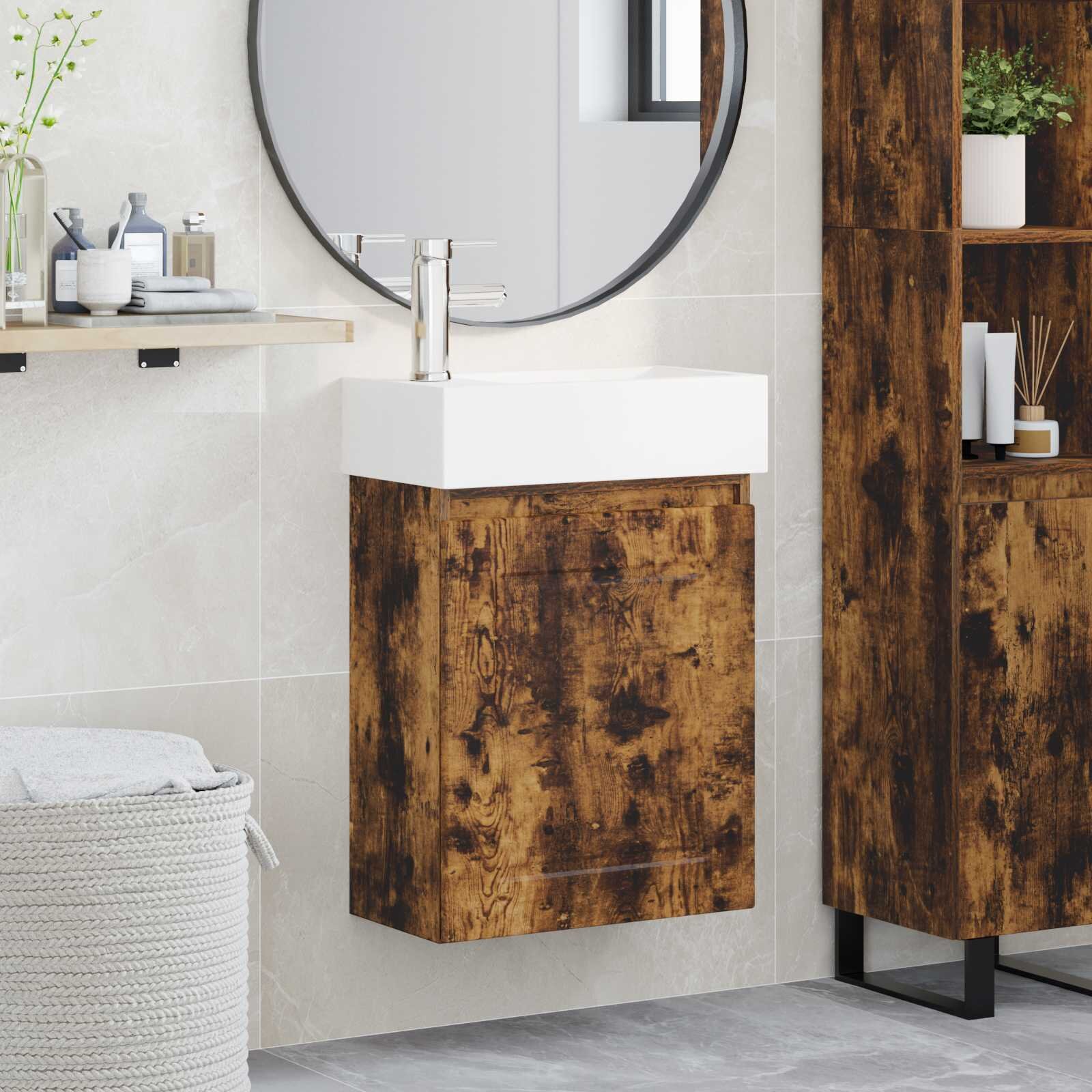 vidaXL Мивка за баня със смесител Опушен дъб 455 x 225 x 84 см