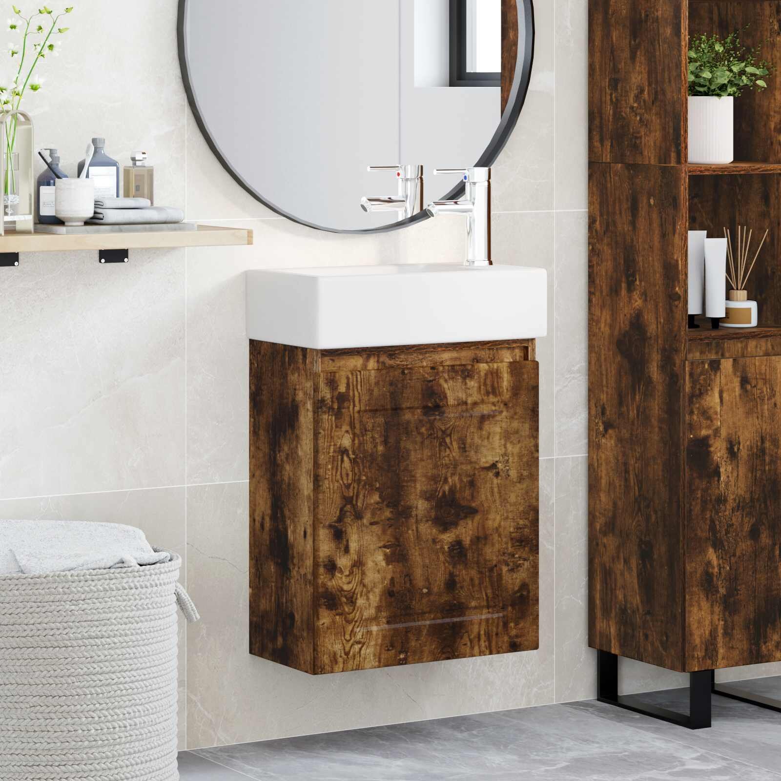 vidaXL Мивка за баня със смесител Опушен дъб 455 x 225 x 84 см