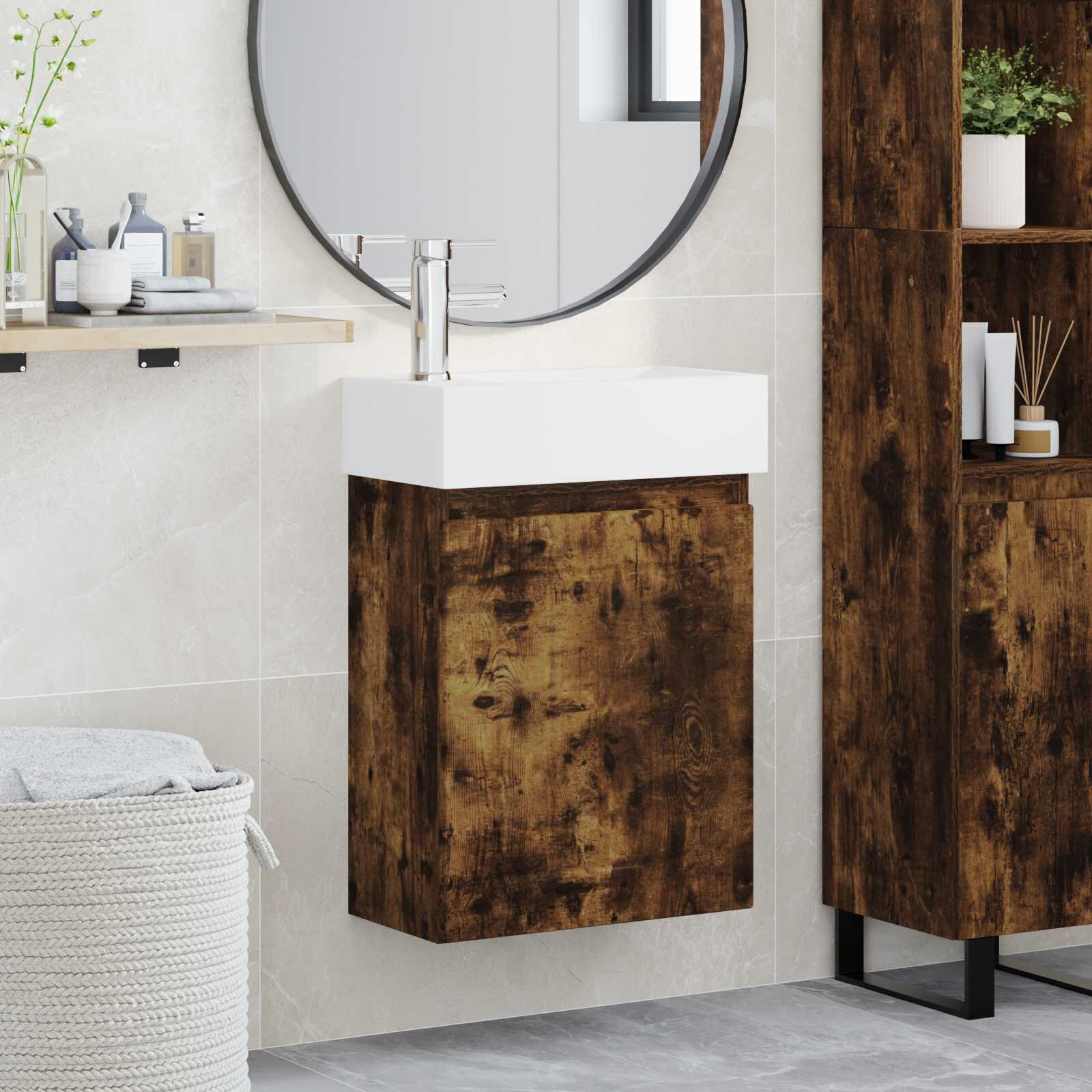 vidaXL Мивка за баня със смесител Опушен дъб 455 x 255 x 84 см
