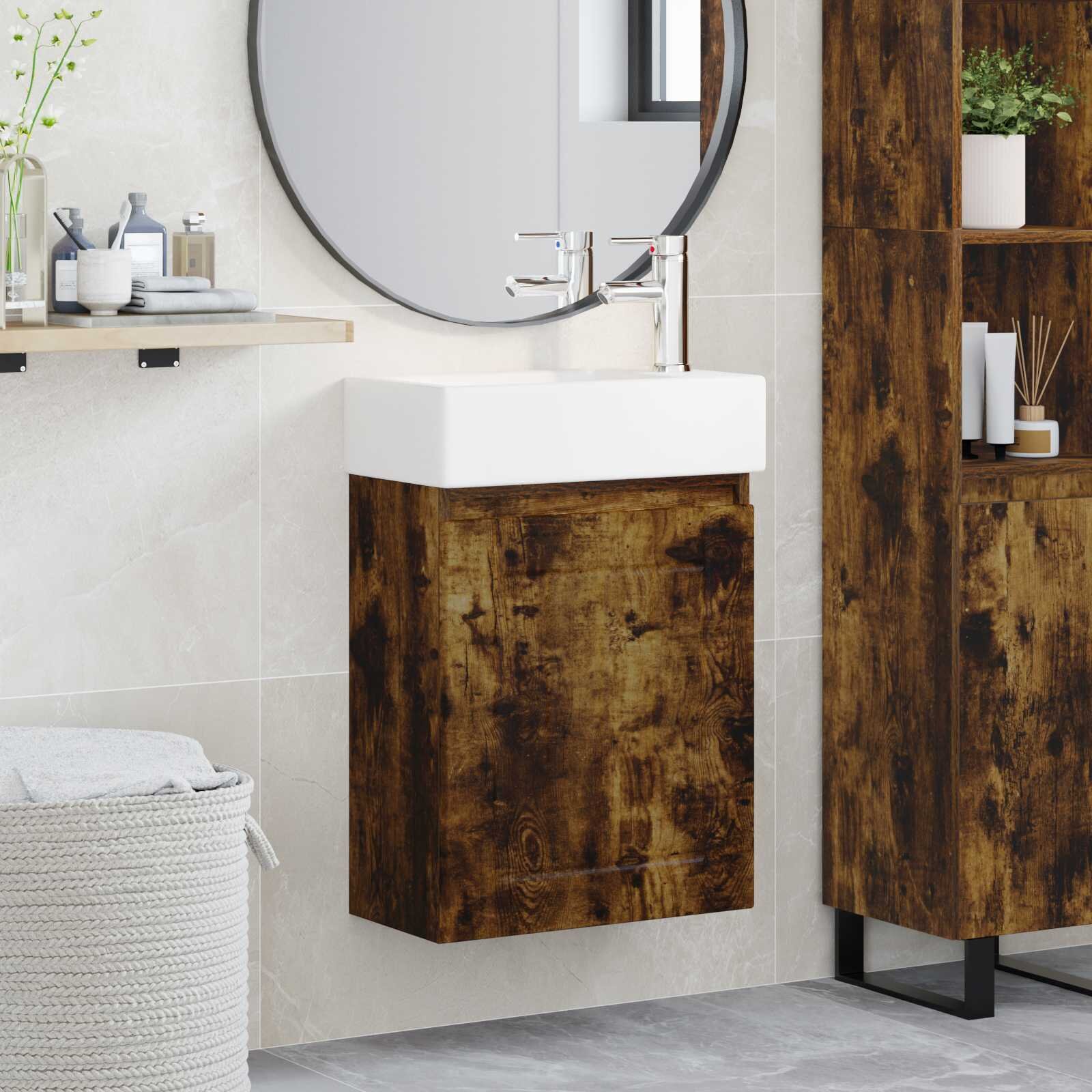 vidaXL Мивка за баня със смесител Опушен дъб 455 x 255 x 84 см