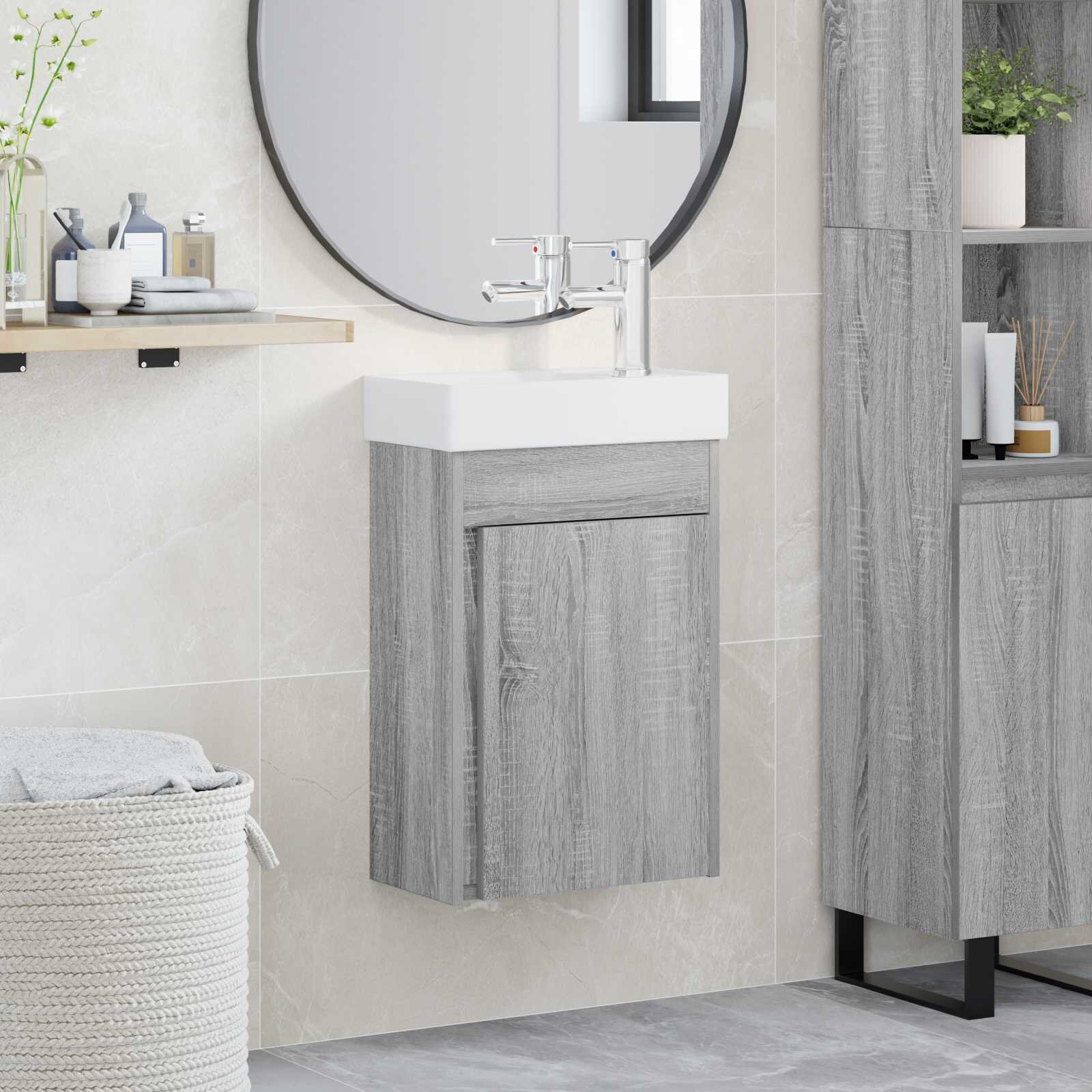 vidaXL Мивка за баня със смесител Сив Сонома 405 x 225 x 62 см