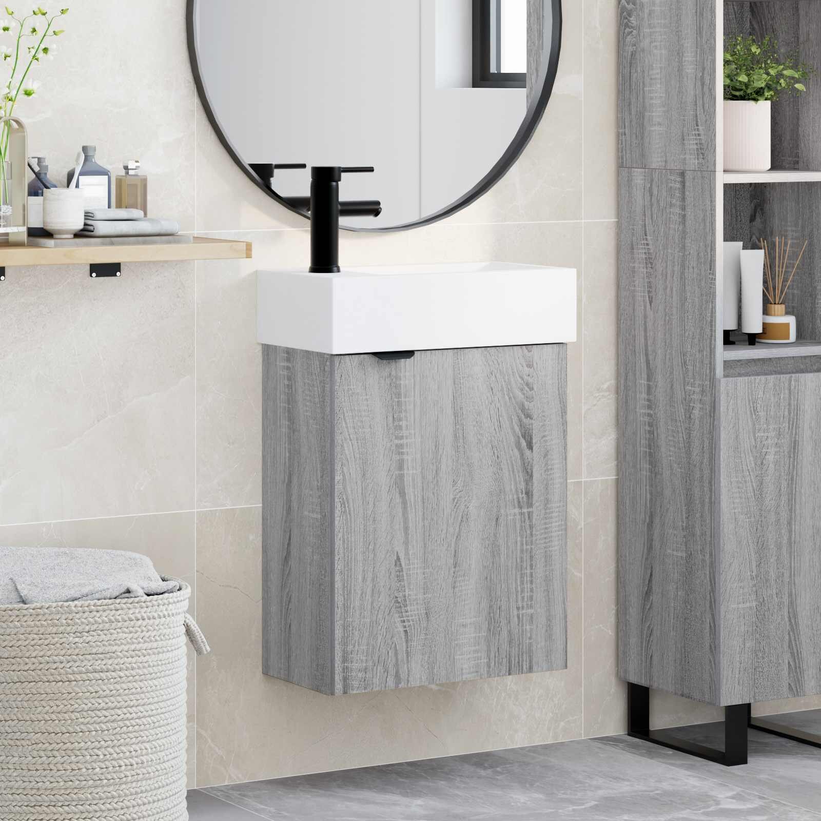 vidaXL Мивка за баня със смесител Сив Сонома 455 x 225 x 84 см