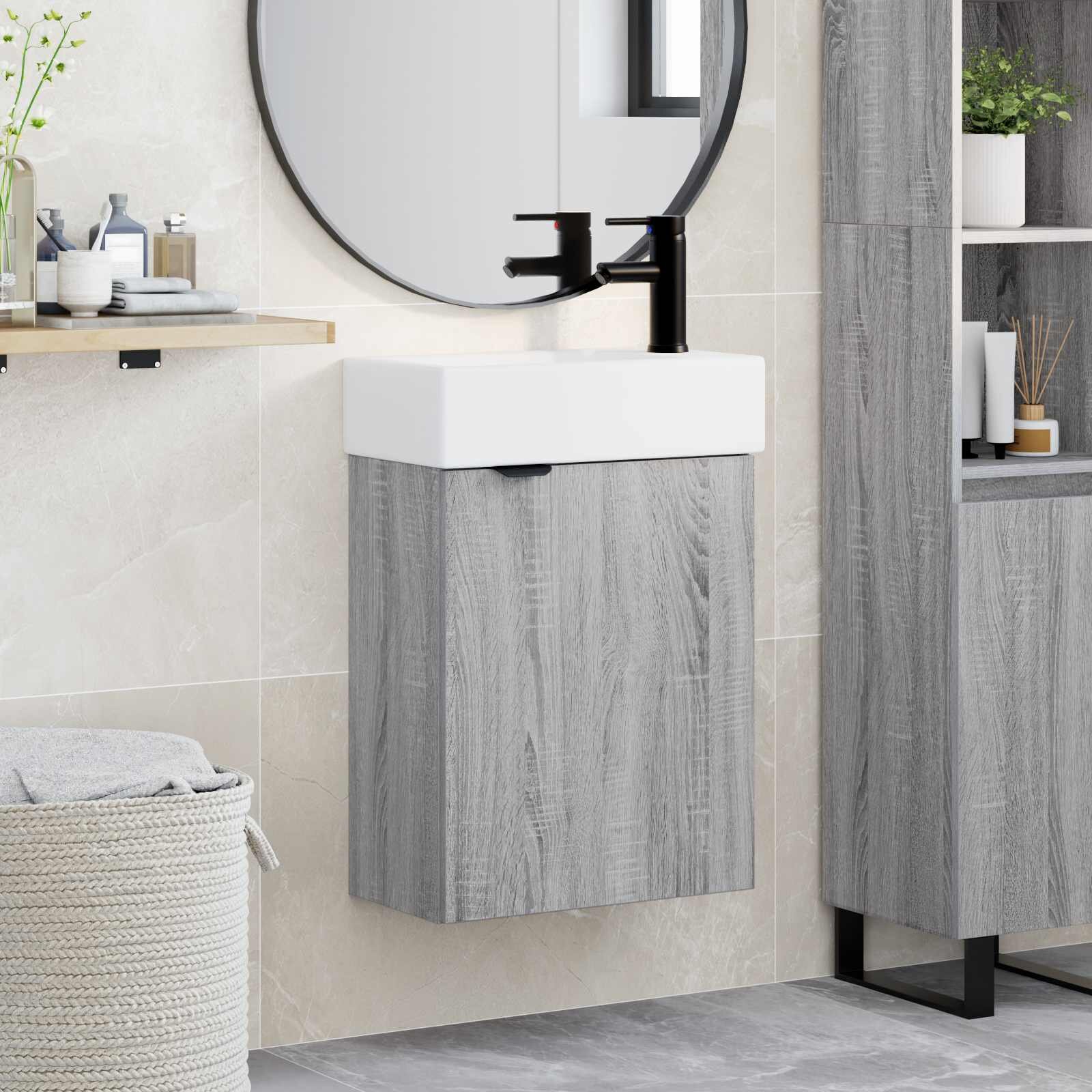 vidaXL Мивка за баня със смесител Сив Сонома 455 x 225 x 84 см