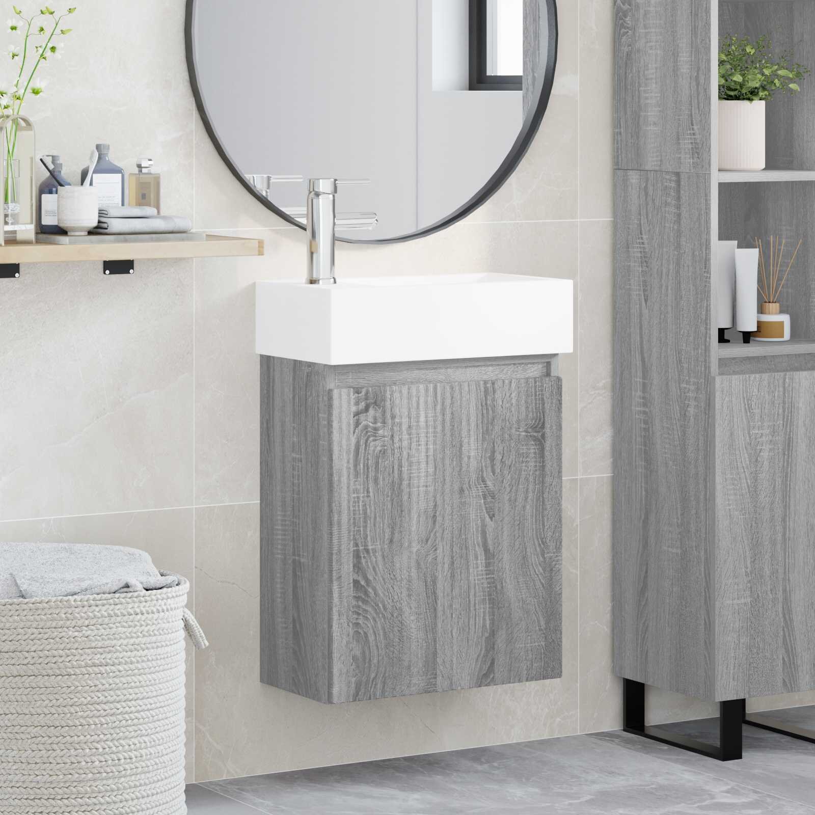 vidaXL Мивка за баня със смесител Сив Сонома 455 x 225 x 84 см