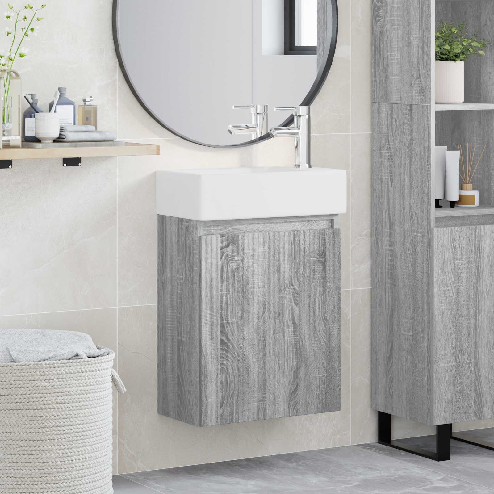 vidaXL Мивка за баня със смесител Сив Сонома 455 x 225 x 84 см
