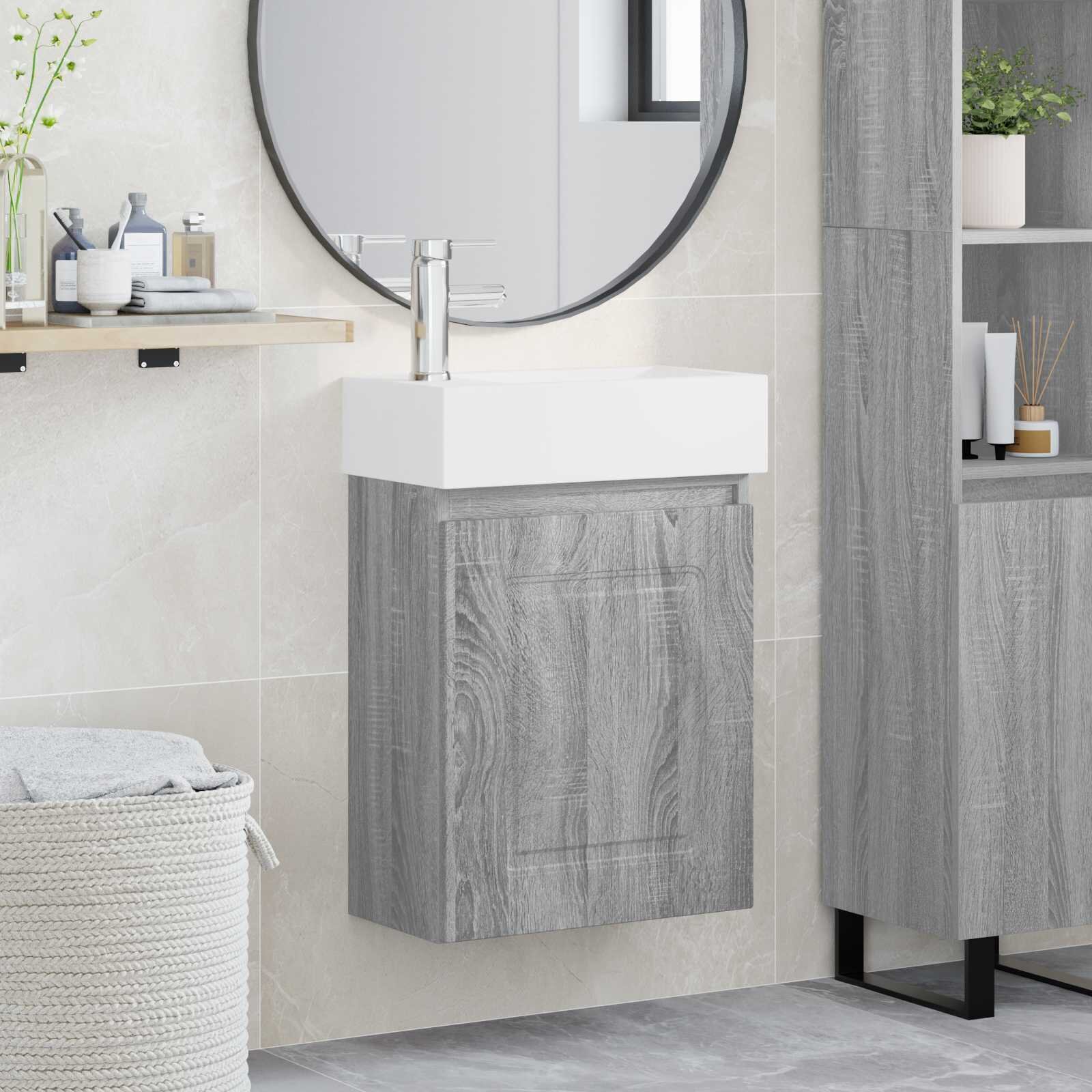 vidaXL Мивка за баня със смесител Сив Сонома 455 x 225 x 84 см