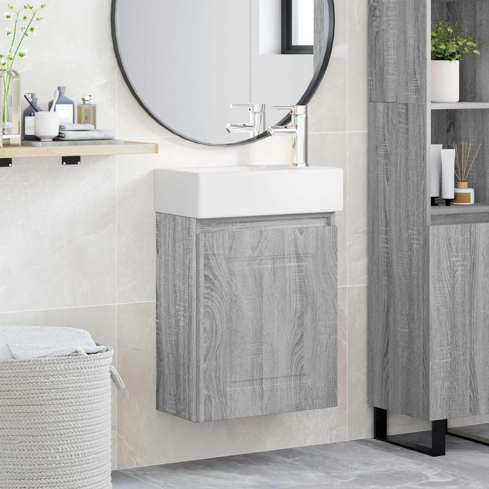 vidaXL Мивка за баня със смесител Сив Сонома 455 x 225 x 84 см