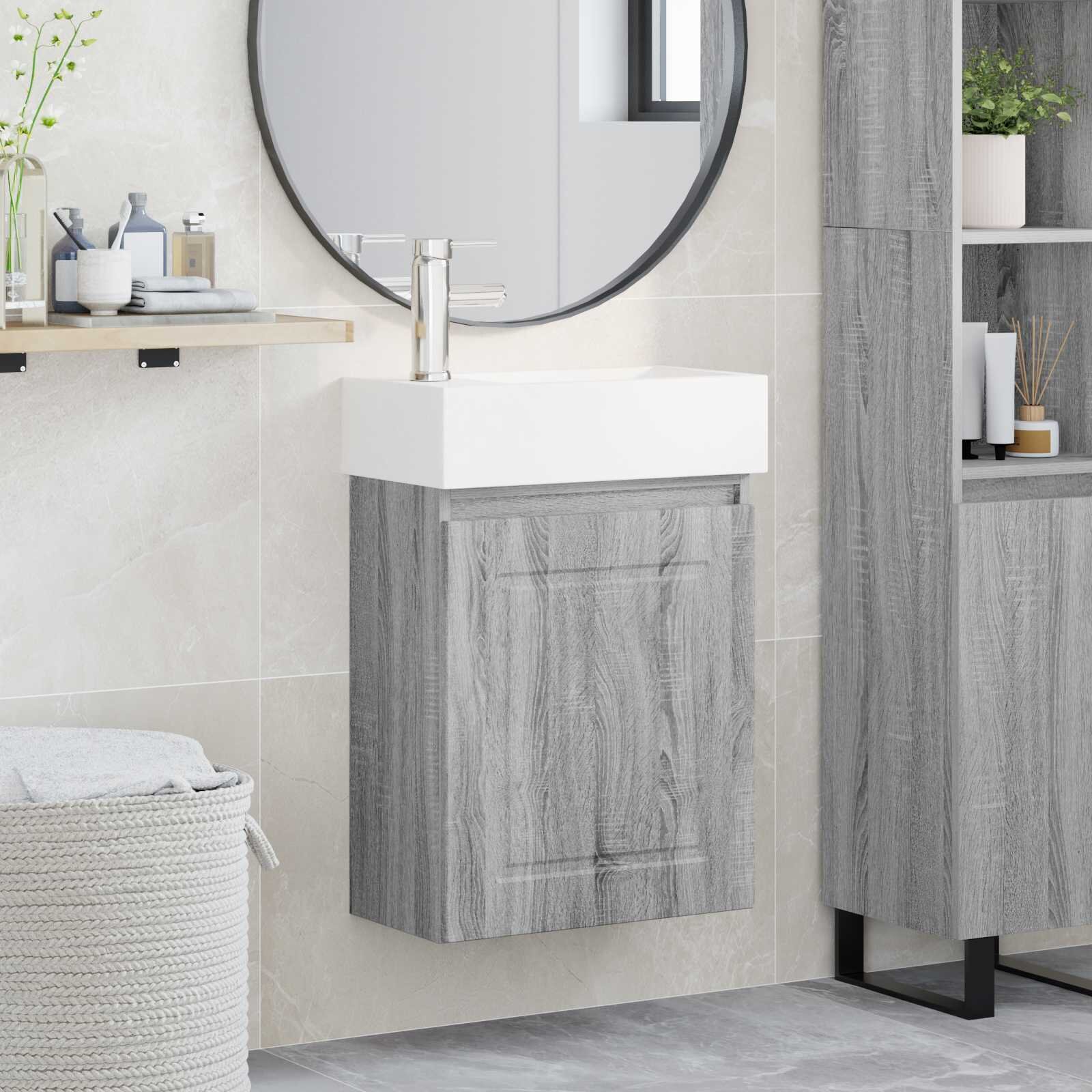 vidaXL Мивка за баня със смесител Сив Сонома 455 x 225 x 84 см
