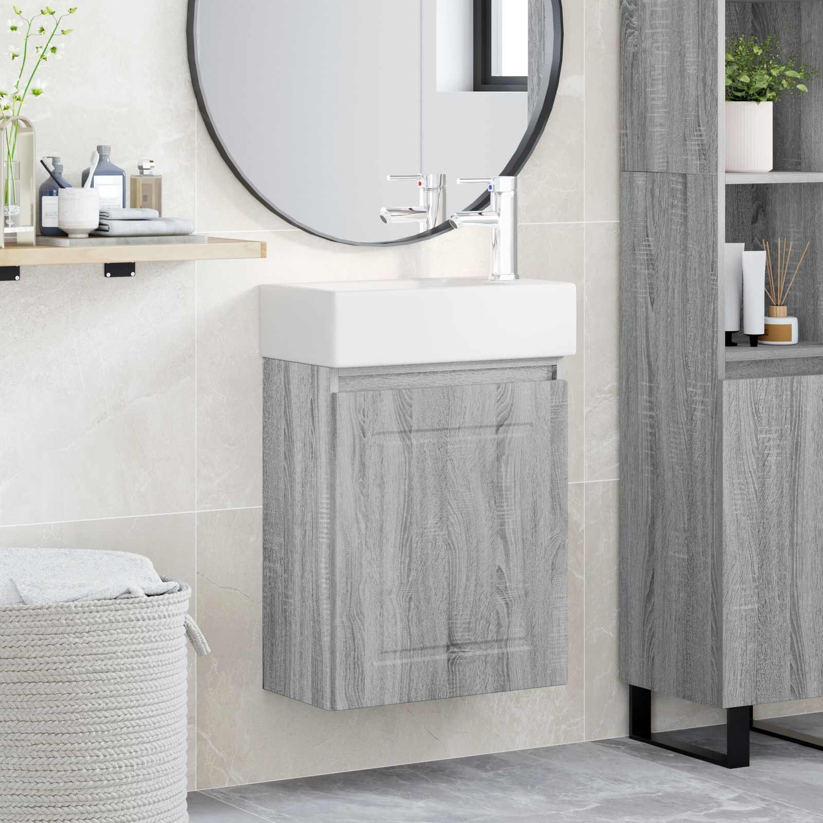 vidaXL Мивка за баня със смесител Сив Сонома 455 x 225 x 84 см