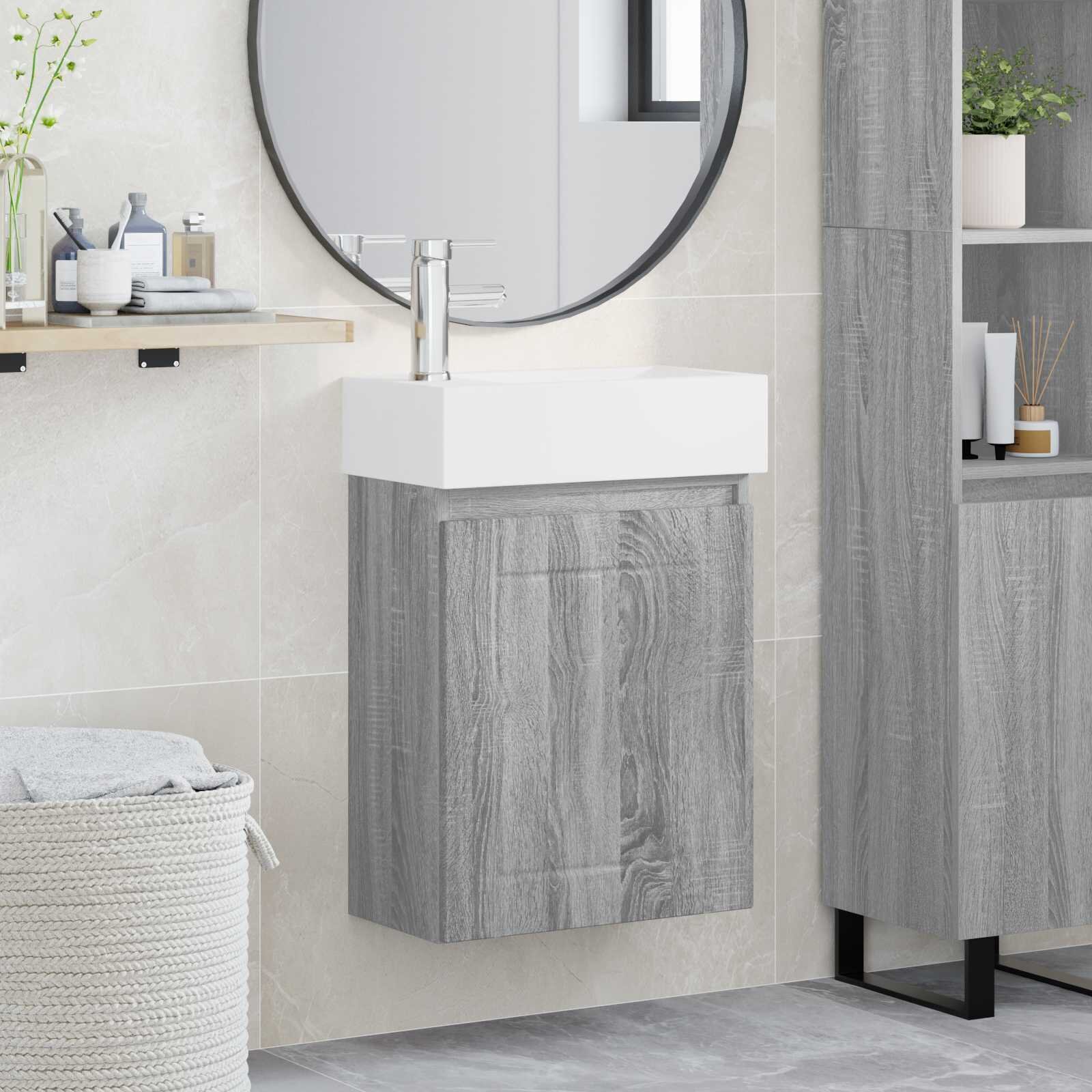 vidaXL Мивка за баня със смесител Сив Сонома 455 x 255 x 84 см