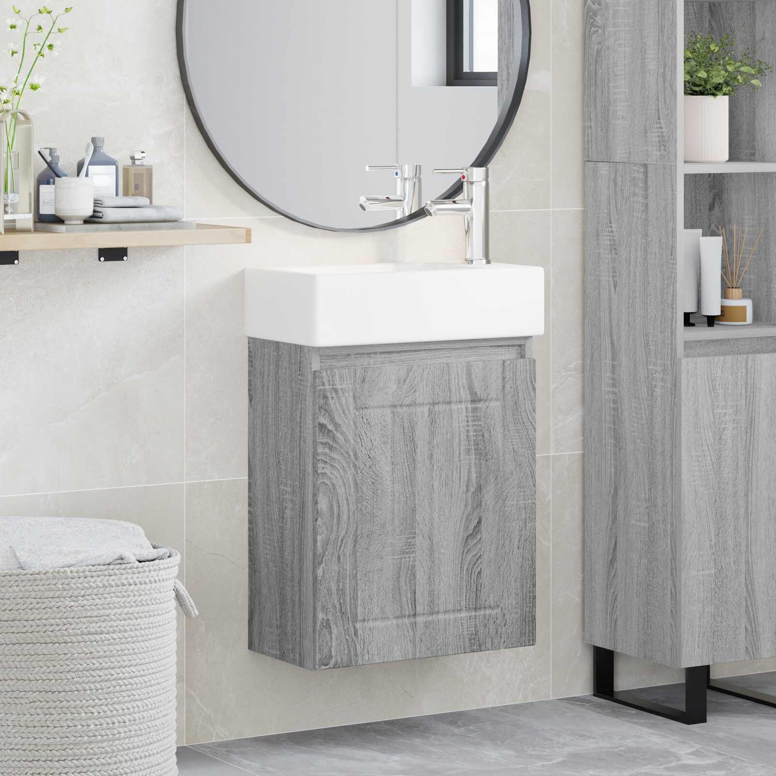 vidaXL Мивка за баня със смесител Сив Сонома 455 x 255 x 84 см