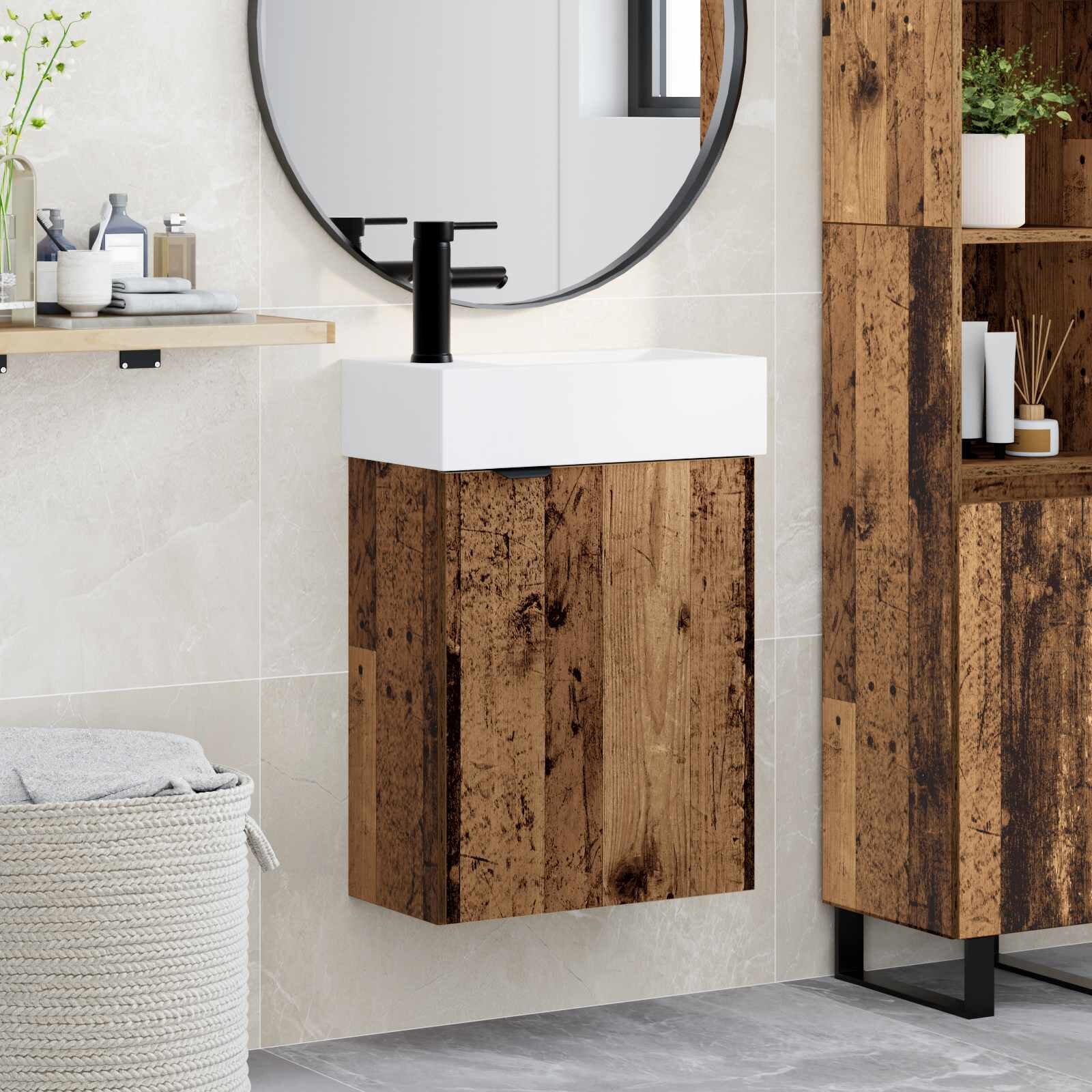 vidaXL Мивка за баня със смесител Старо дърво 455 x 225 x 84 см