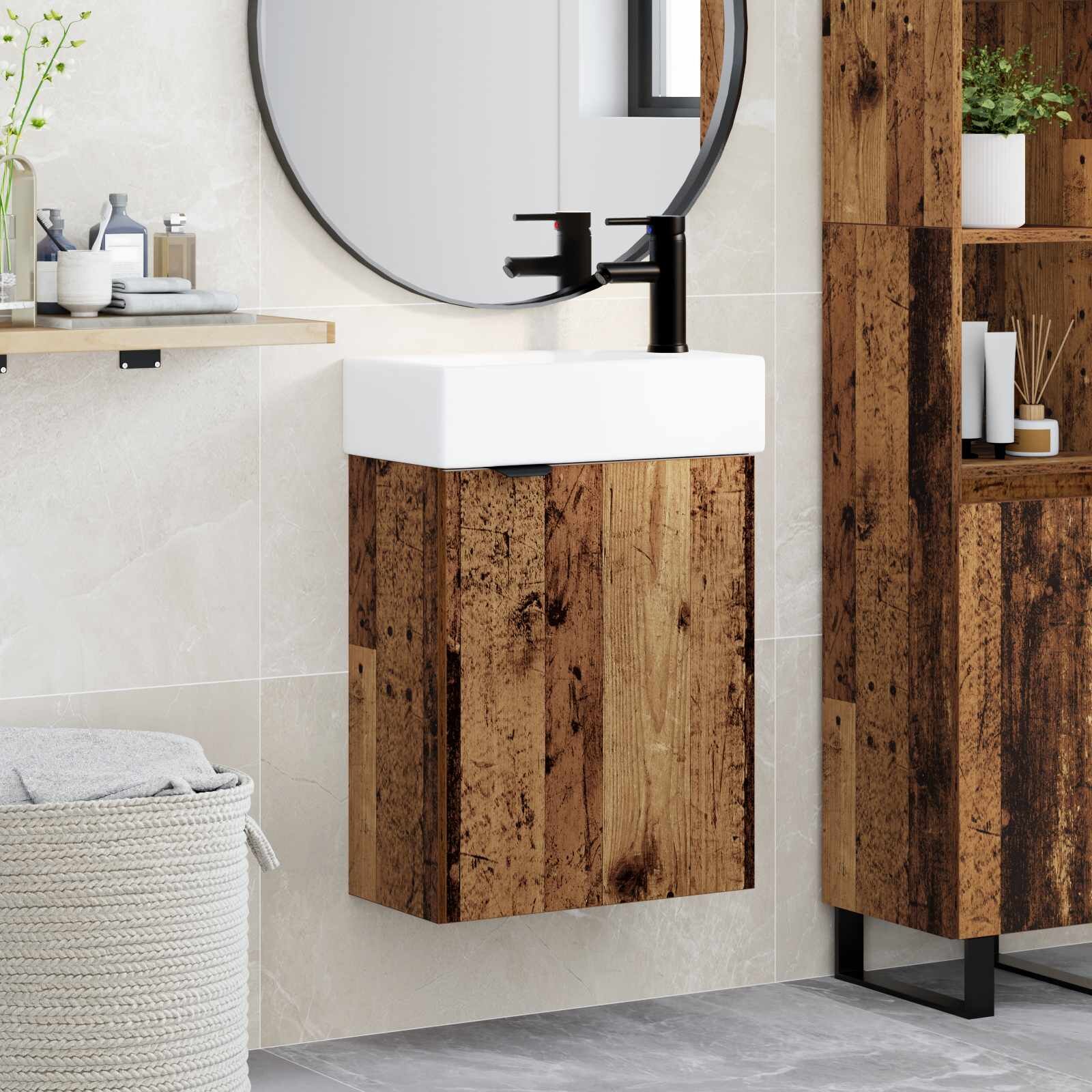 vidaXL Мивка за баня със смесител Старо дърво 455 x 225 x 84 см