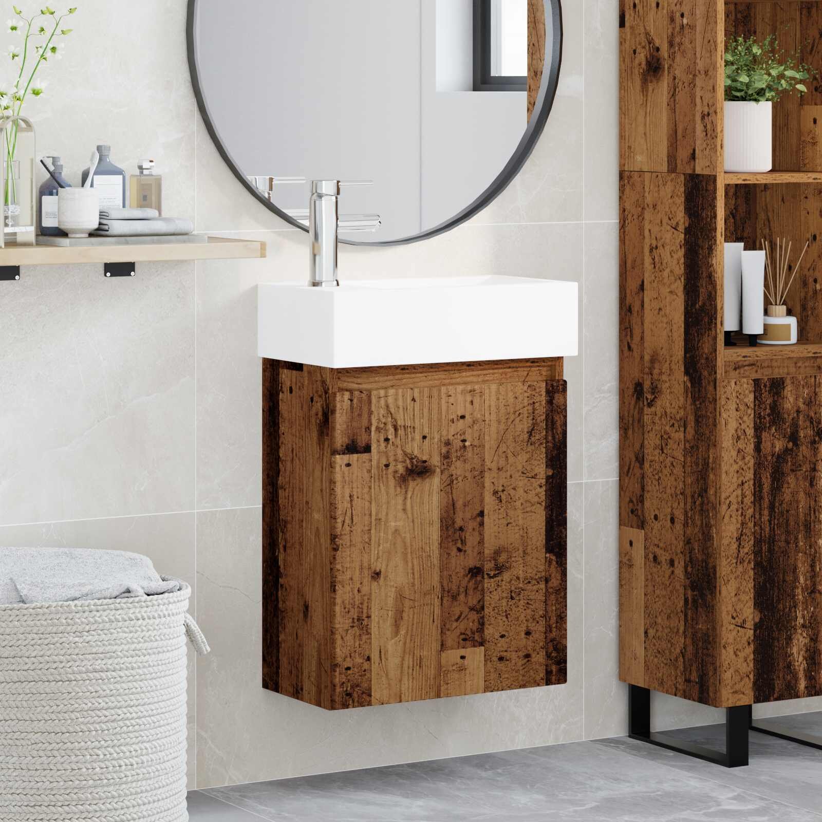 vidaXL Мивка за баня със смесител Старо дърво 455 x 225 x 84 см