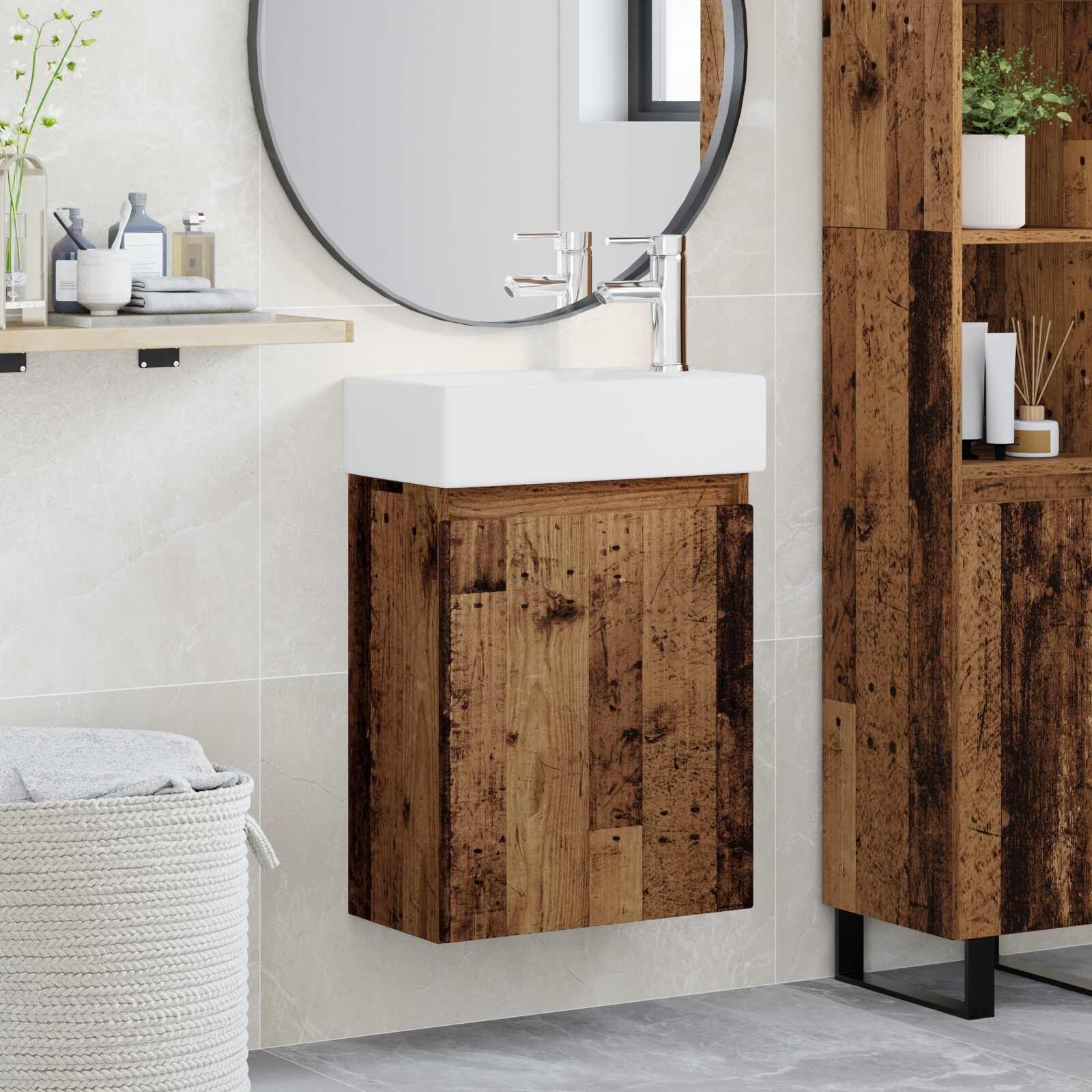 vidaXL Мивка за баня със смесител Старо дърво 455 x 225 x 84 см