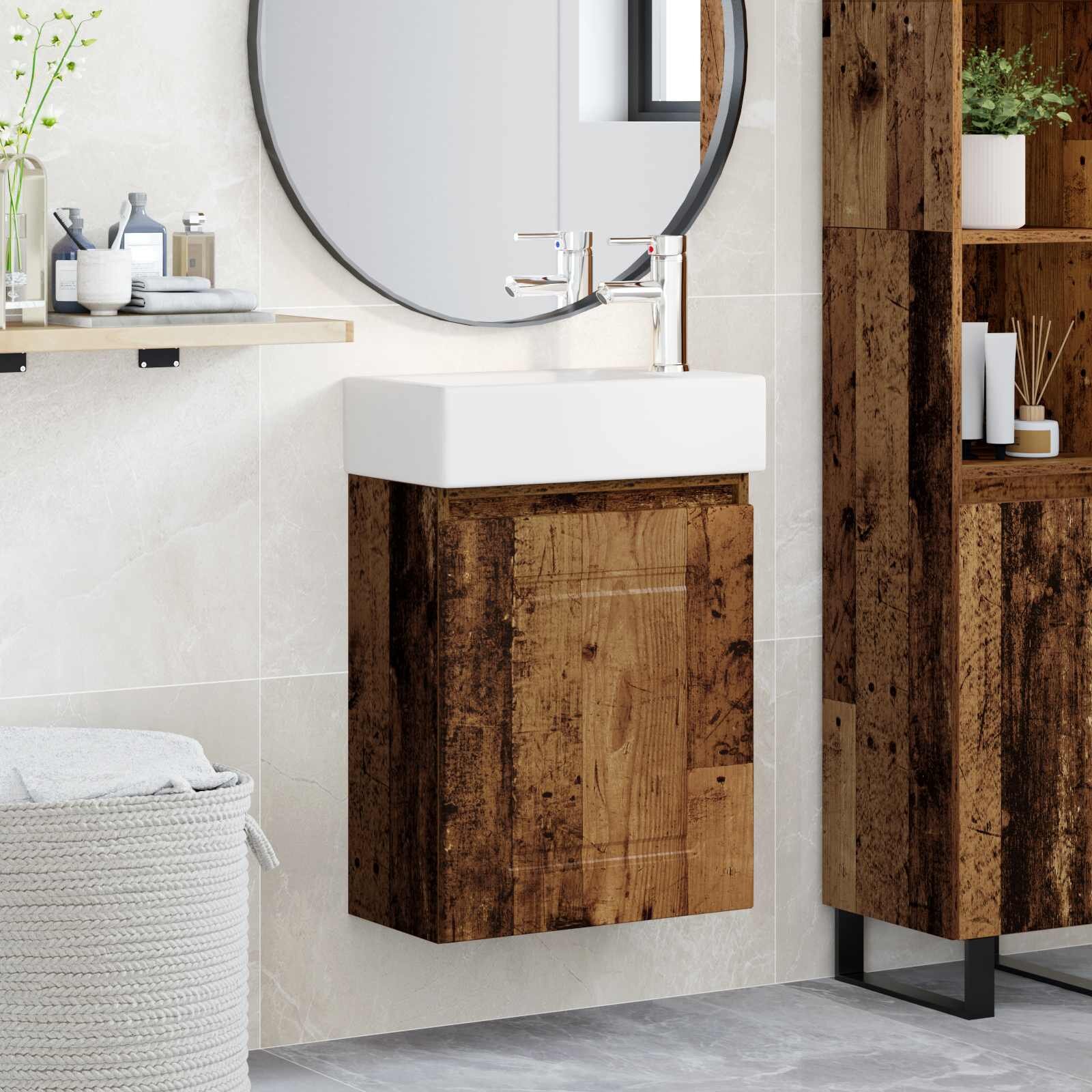 vidaXL Мивка за баня със смесител Старо дърво 455 x 225 x 84 см
