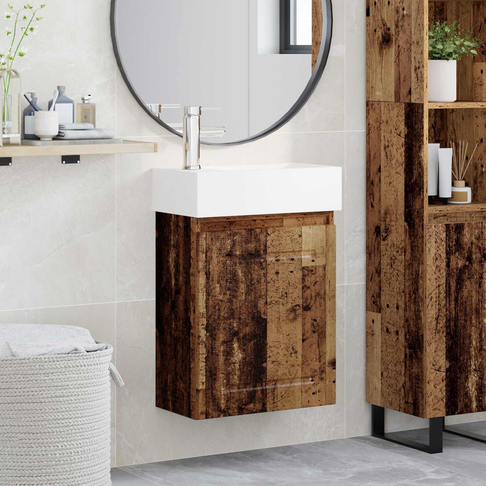 vidaXL Мивка за баня със смесител Старо дърво 455 x 225 x 84 см
