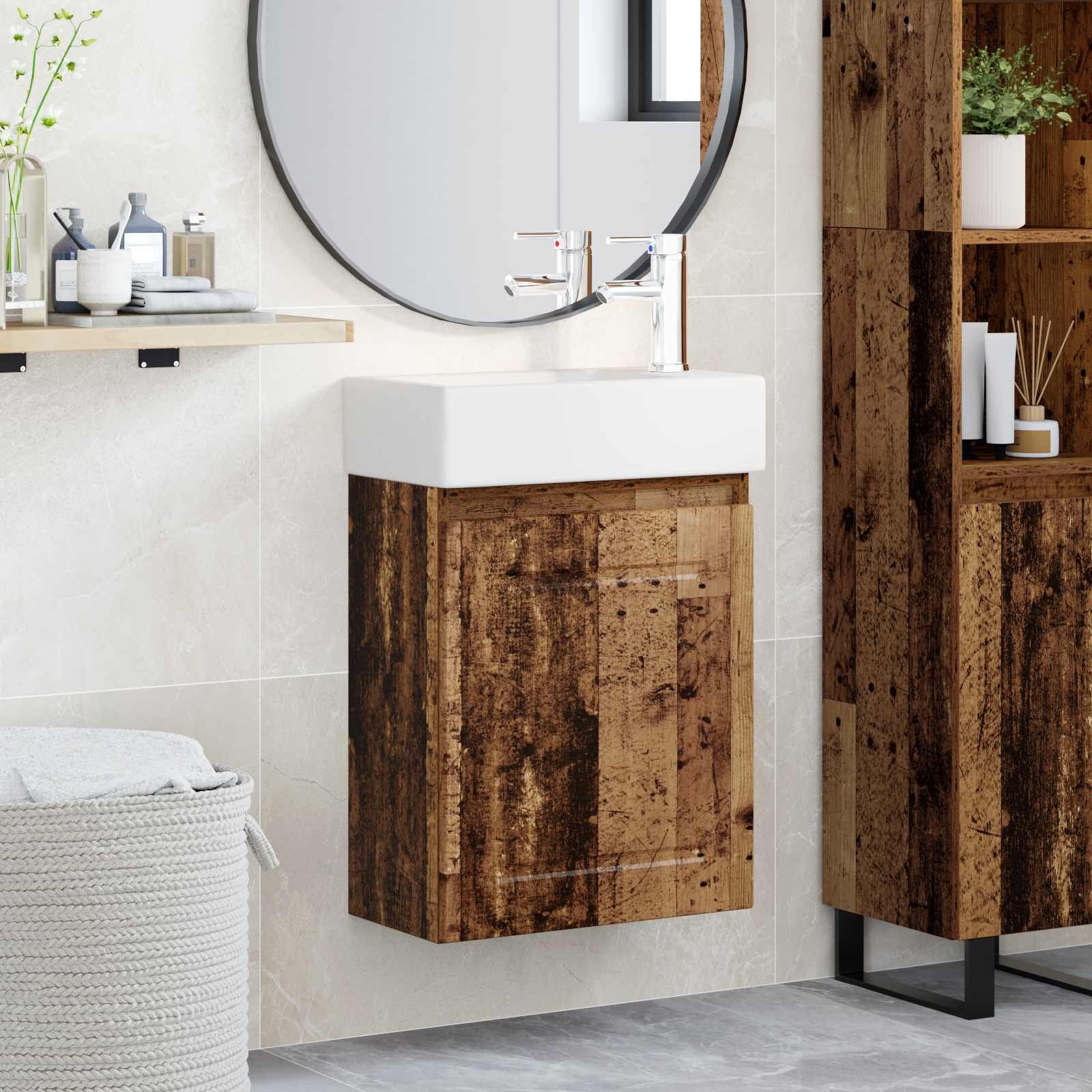 vidaXL Мивка за баня със смесител Старо дърво 455 x 225 x 84 см