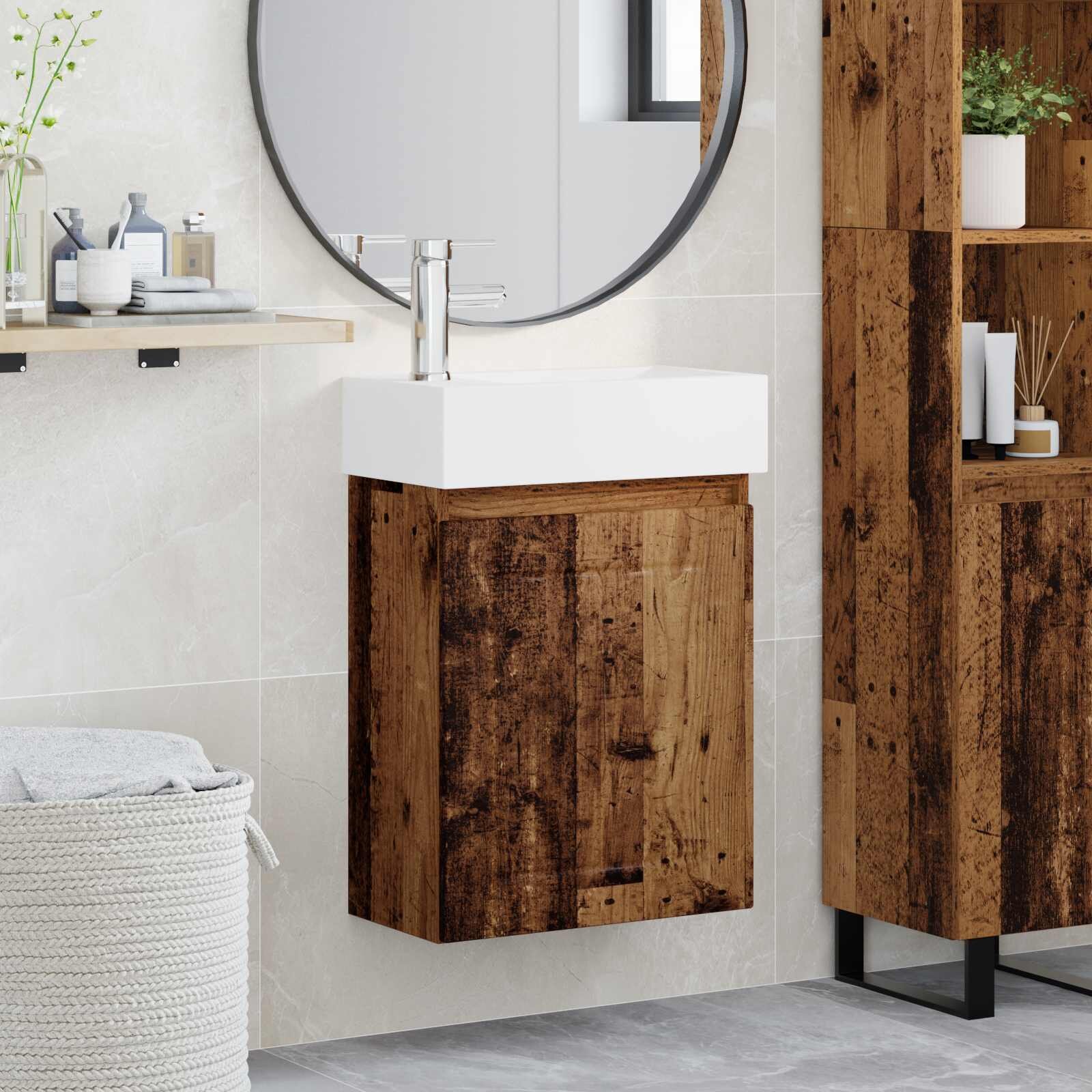 vidaXL Мивка за баня със смесител Старо дърво 455 x 255 x 84 см