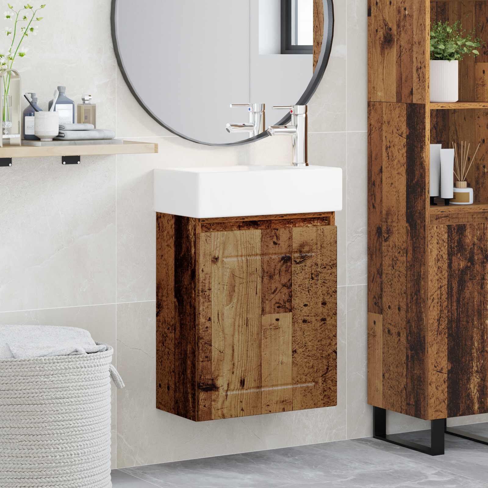 vidaXL Мивка за баня със смесител Старо дърво 455 x 255 x 84 см