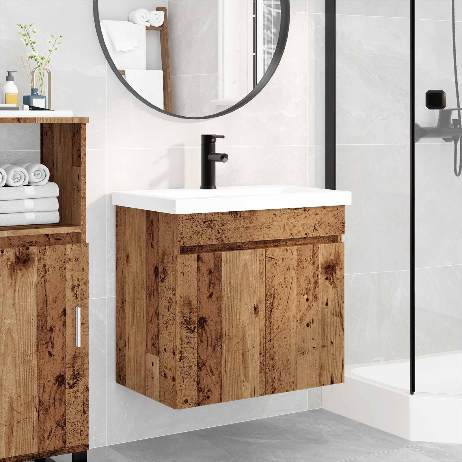 vidaXL Мивка за баня със смесител Старо дърво 61 x 40 x 745 см