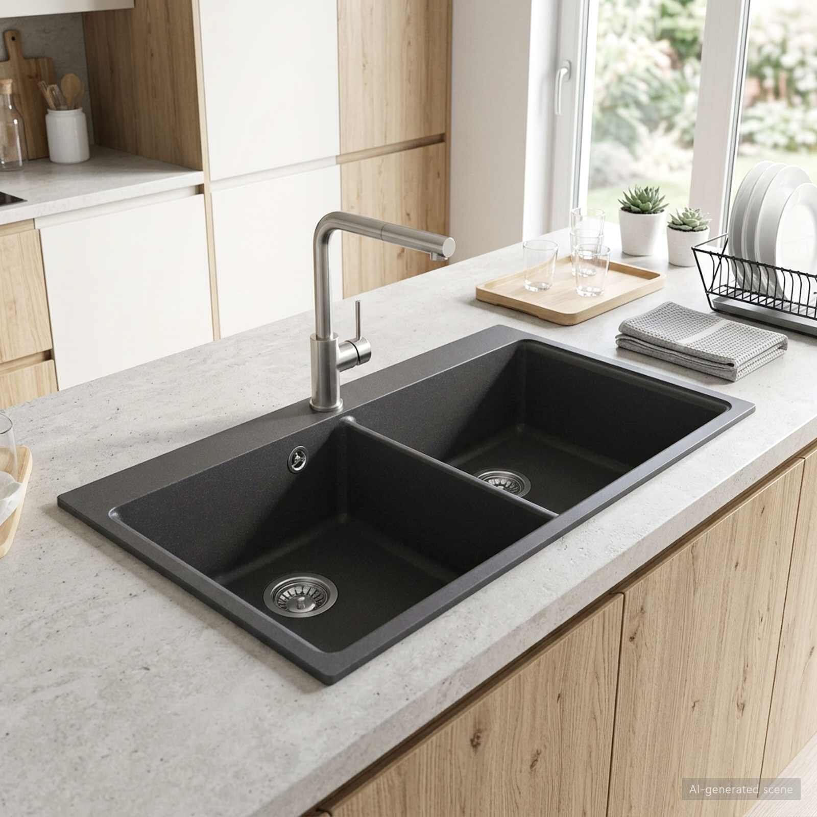 vidaXL Мивка за кухня с двойна чаша Гранит 86 x 51 x 30 см Графит