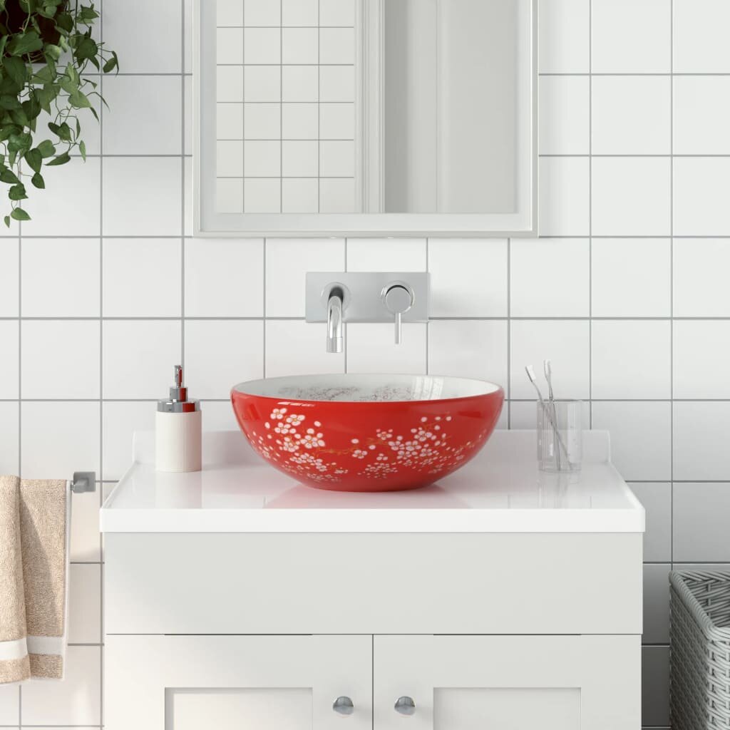 vidaXL Мивка за плот бяло и червено кръгла Φ41x14 см керамика