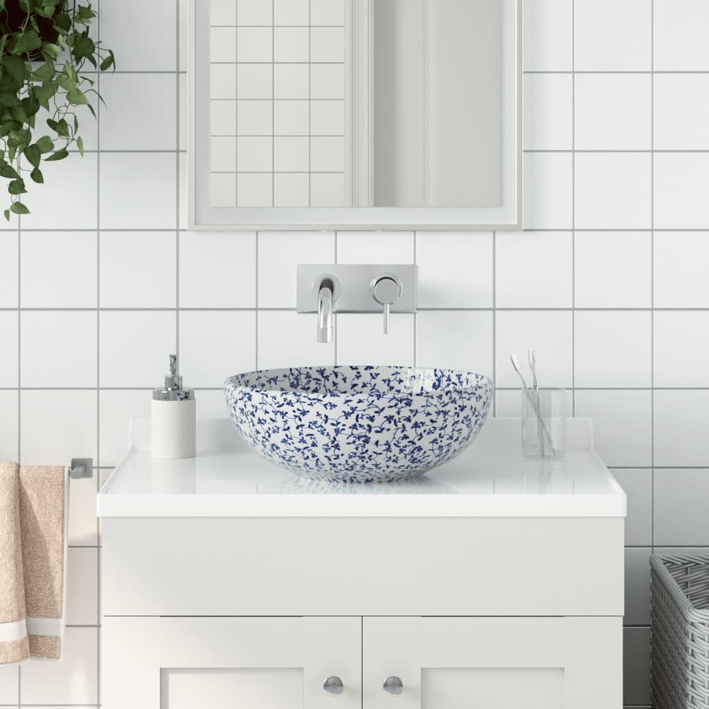 vidaXL Мивка за плот бяло и синьо кръгла Φ41x14 см керамика