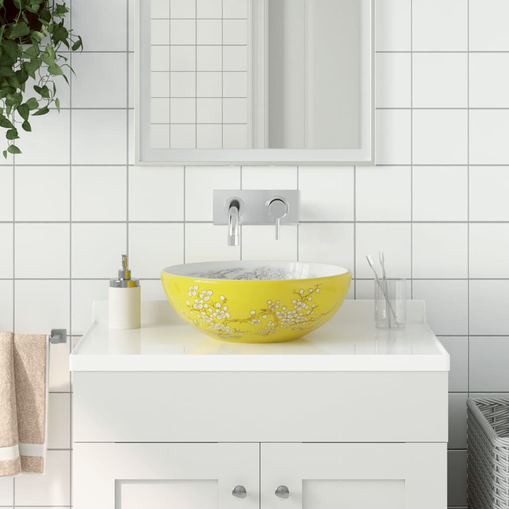 vidaXL Мивка за плот бяло и жълто кръгла Φ41x14 см керамика