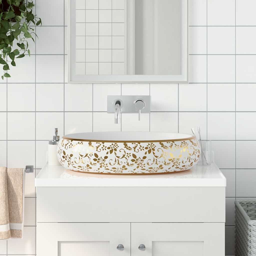 vidaXL Мивка за плот бяло и златисто овална 59x40x15 см керамика