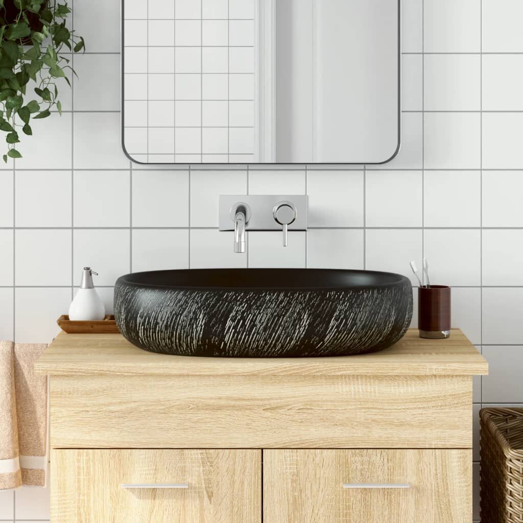 vidaXL Мивка за плот черна овална 59x40x14 см керамика
