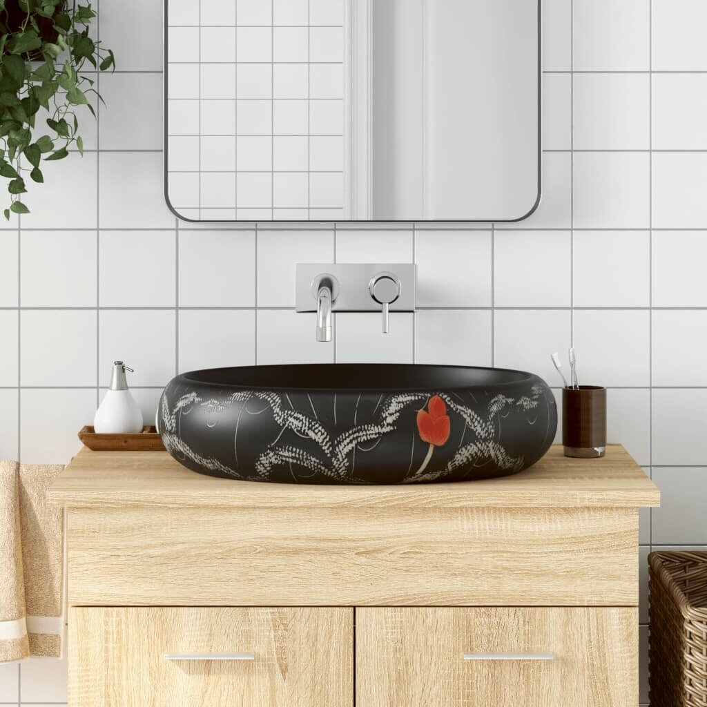 vidaXL Мивка за плот черна овална 59x40x15 см керамика