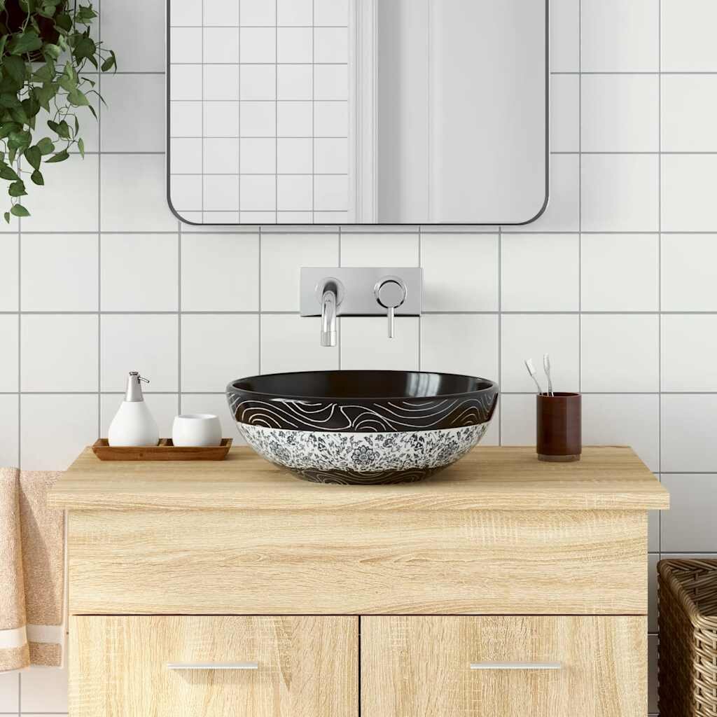 vidaXL Мивка за плот черно и синьо кръгла Φ41x14 см керамика