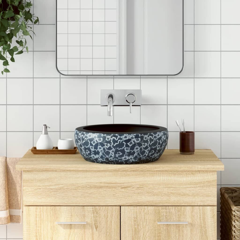 vidaXL Мивка за плот черно и синьо кръгла Φ41x14 см керамика