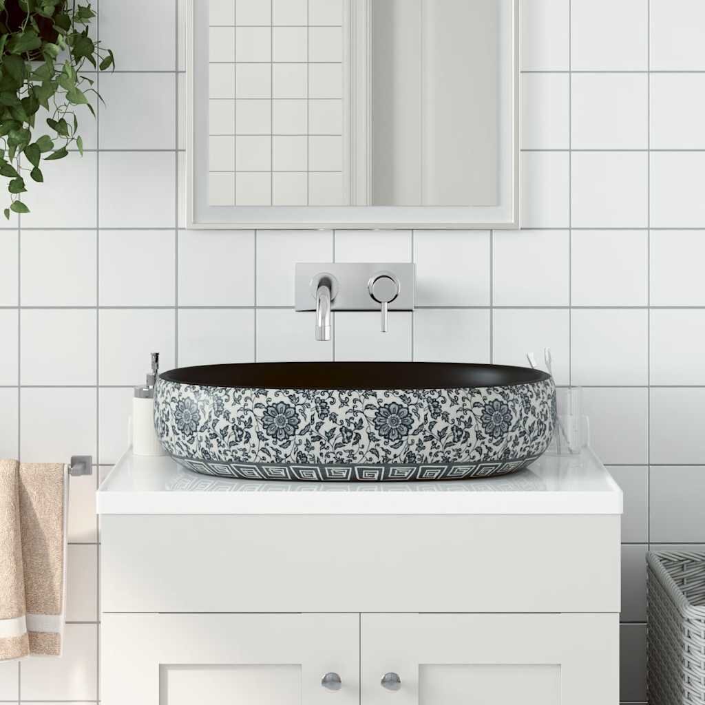 vidaXL Мивка за плот черно и синьо овална 59x40x14 см керамика