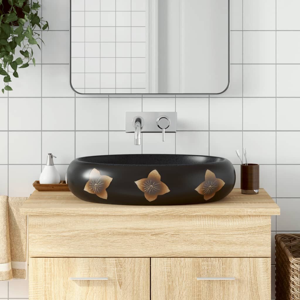 vidaXL Мивка за плот черно и синьо овална 59x40x15 см керамика