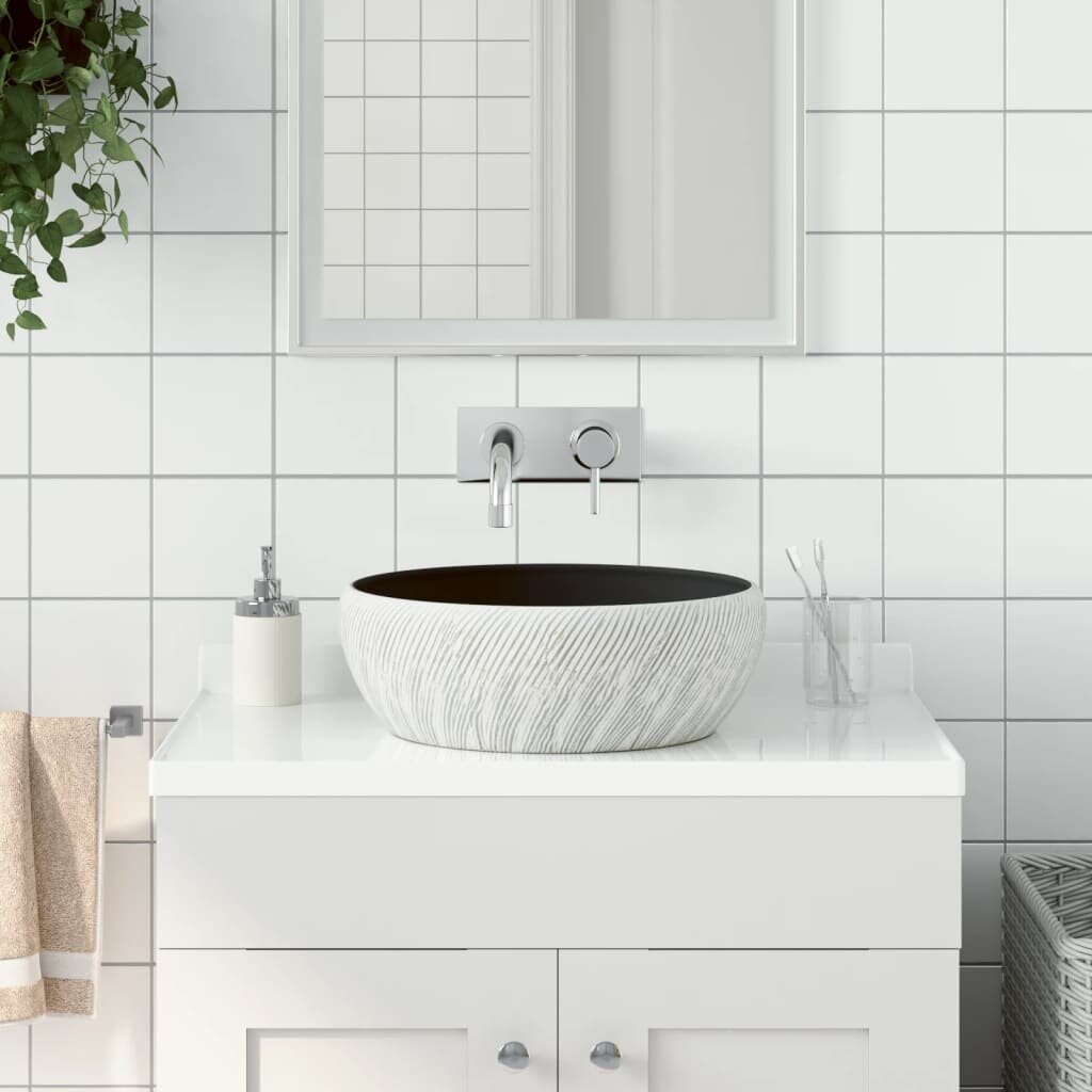 vidaXL Мивка за плот черно и сиво кръгла Φ41x14 см керамика