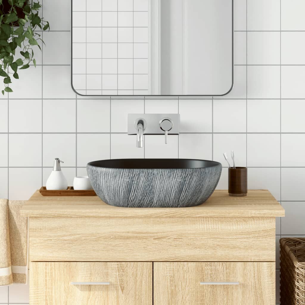 vidaXL Мивка за плот черно и сиво овална 47x33x13 см керамика