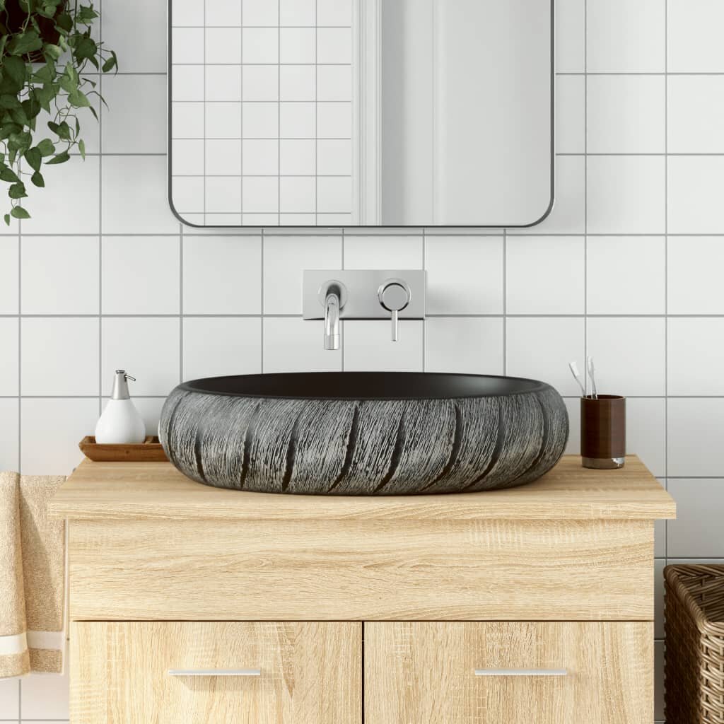 vidaXL Мивка за плот черно и сиво овална 59x40x15 см керамика