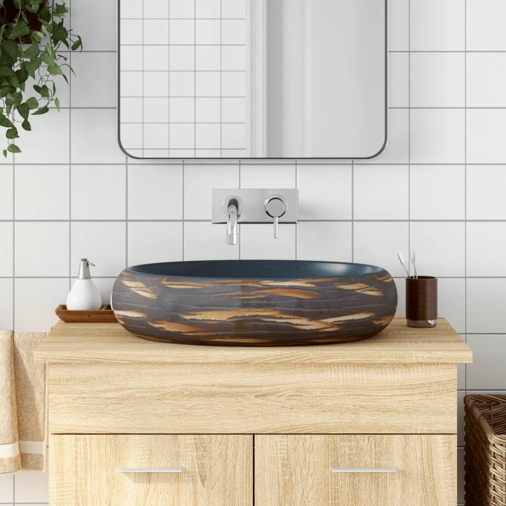 vidaXL Мивка за плот кафяво и синьо овална 59x40x15 см керамика