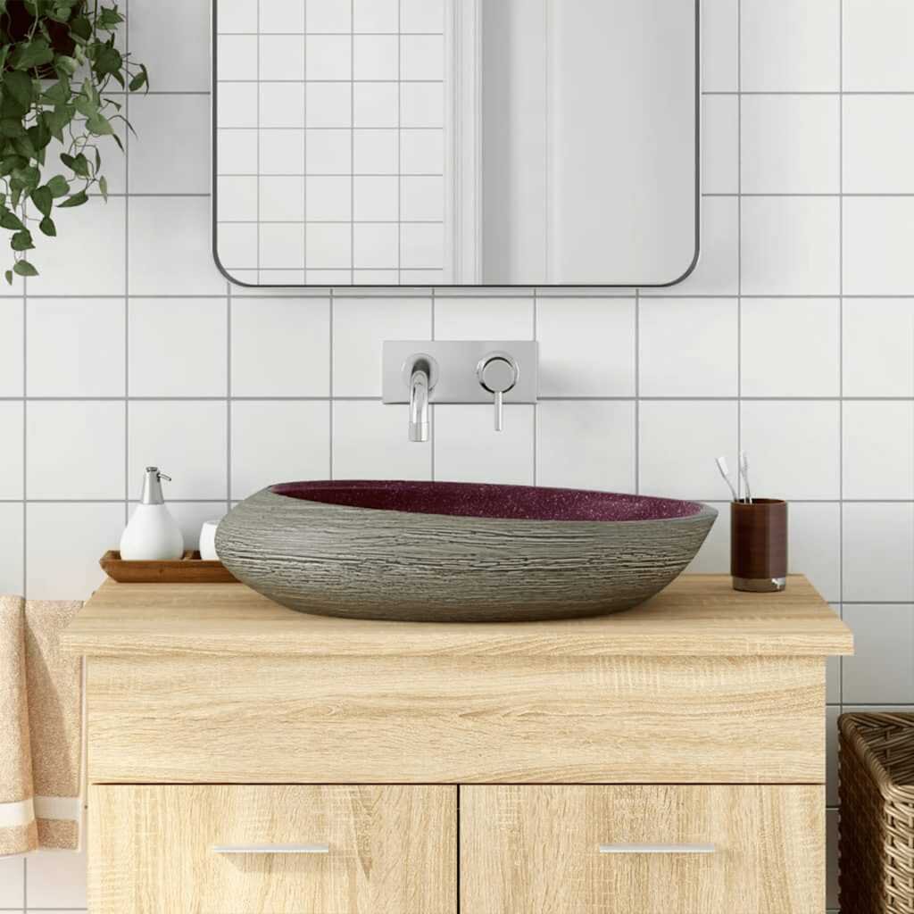 vidaXL Мивка за плот лилаво и сиво овална 59x40x14 см керамика