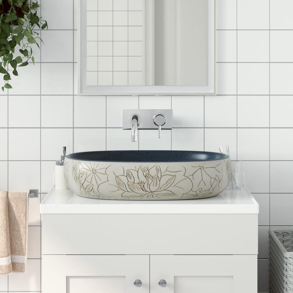 vidaXL Мивка за плот пясъчно и синьо овална 59x40x14 см керамика