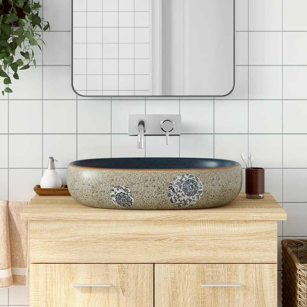 vidaXL Мивка за плот пясъчно и синьо овална 59x40x14 см керамика
