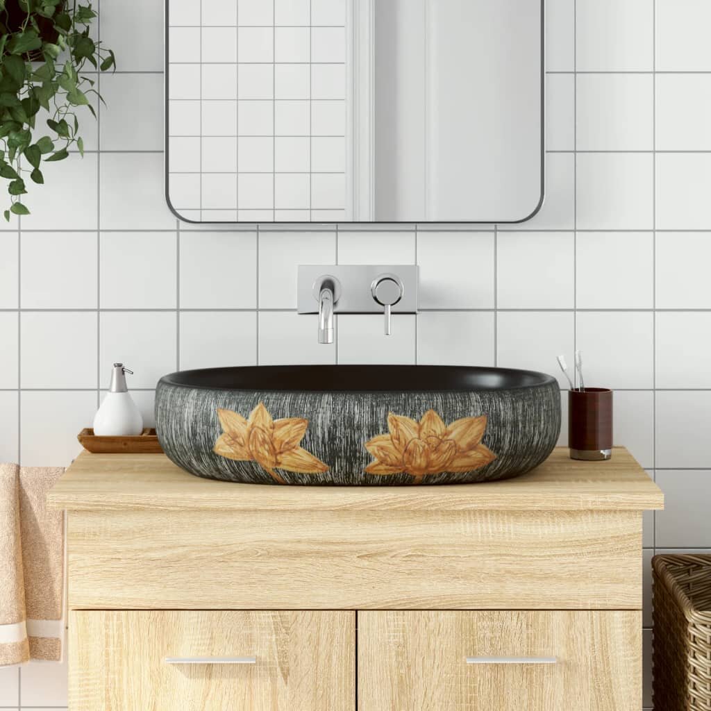 vidaXL Мивка за плот сиво и черно овална 59x40x14 см керамика