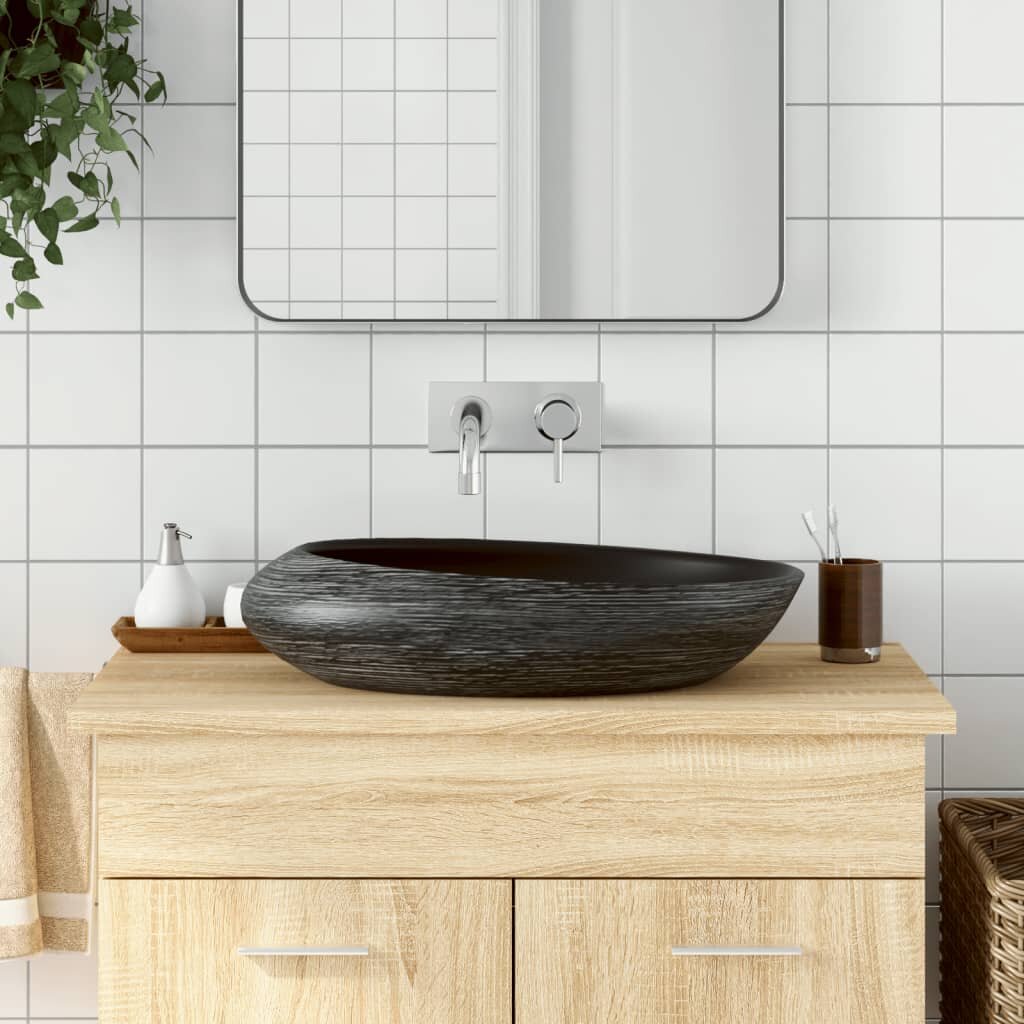 vidaXL Мивка за плот сиво и черно овална 59x40x14 см керамика