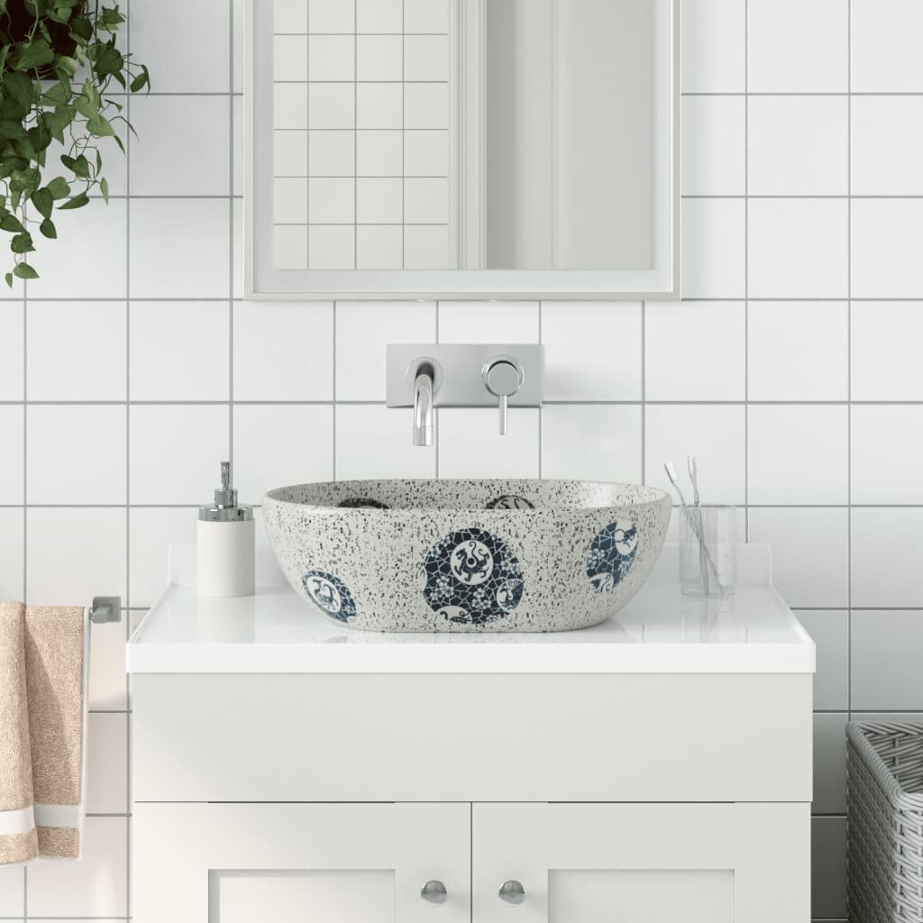 vidaXL Мивка за плот сиво и синьо овална 47x33x13 см керамика