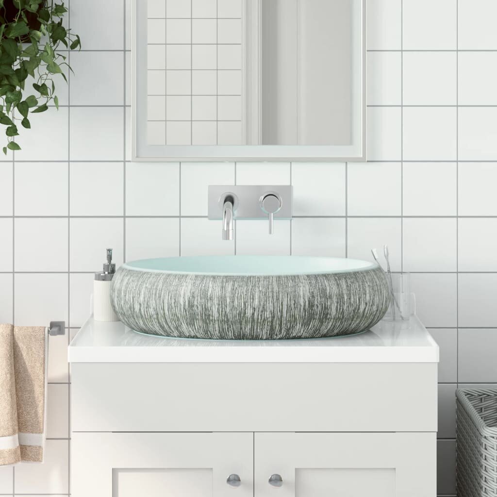 vidaXL Мивка за плот сиво и синьо овална 59x40x15 см керамика
