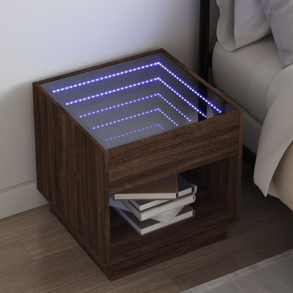vidaXL Нощна масичка с Infinity LED кафяв дъб 50x50x50 см
